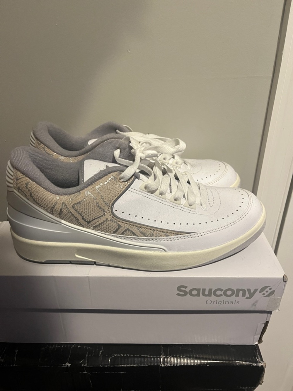 Jordan Men's Athletic Shoes in White and Gray with Beige Snake Accent